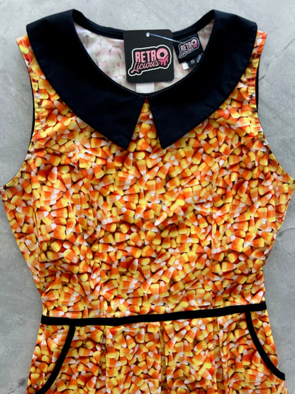 close up of the bodice of candy corn dress