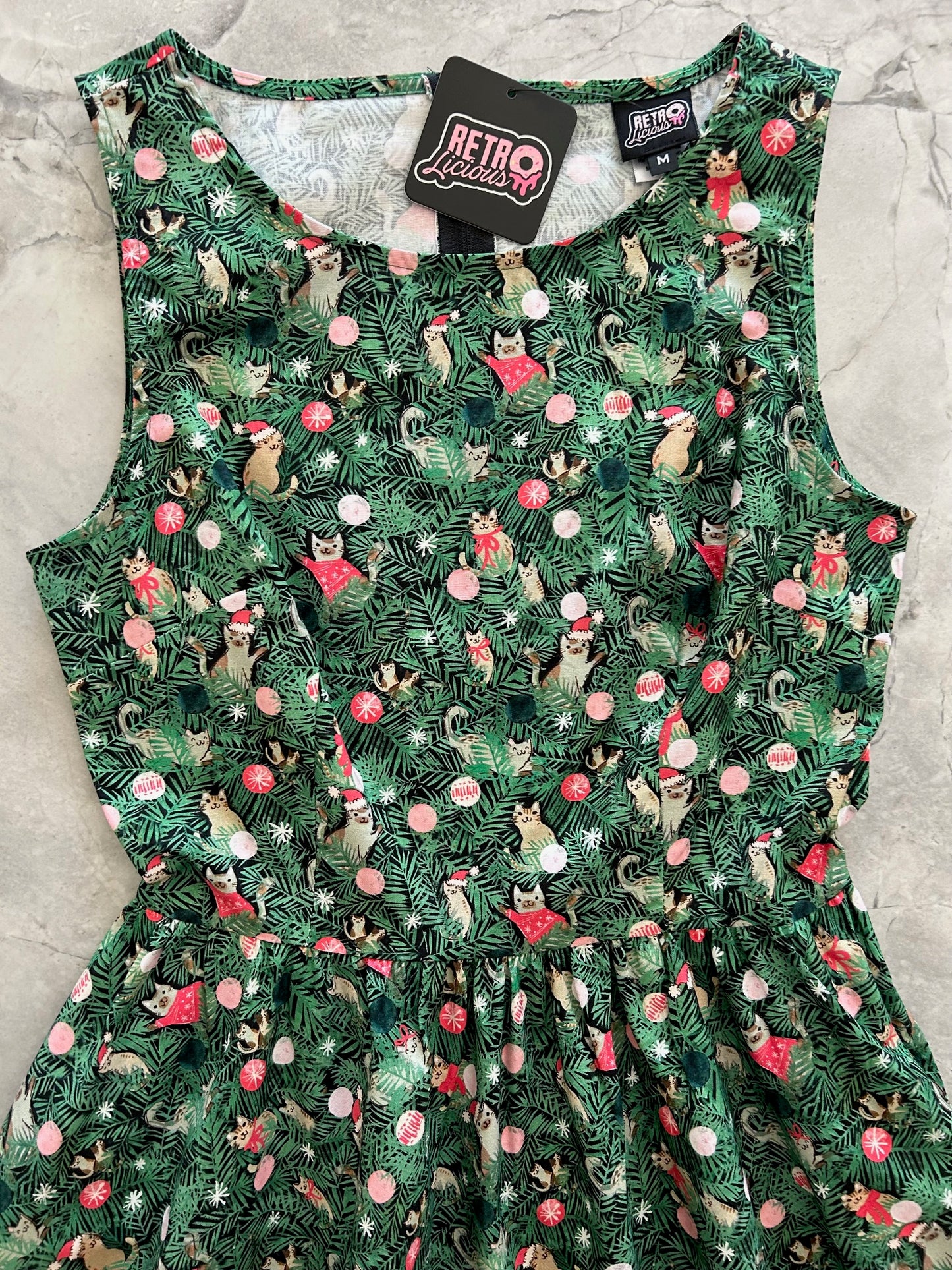 close up of bodice of Holiday Cats Vintage Dress