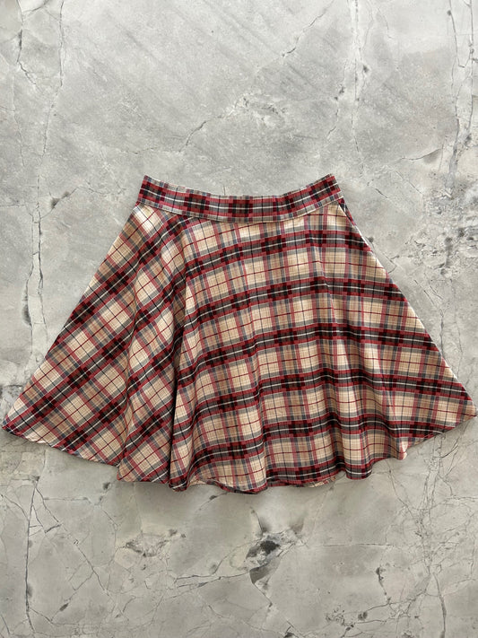 flatlay of plaid skater skirt