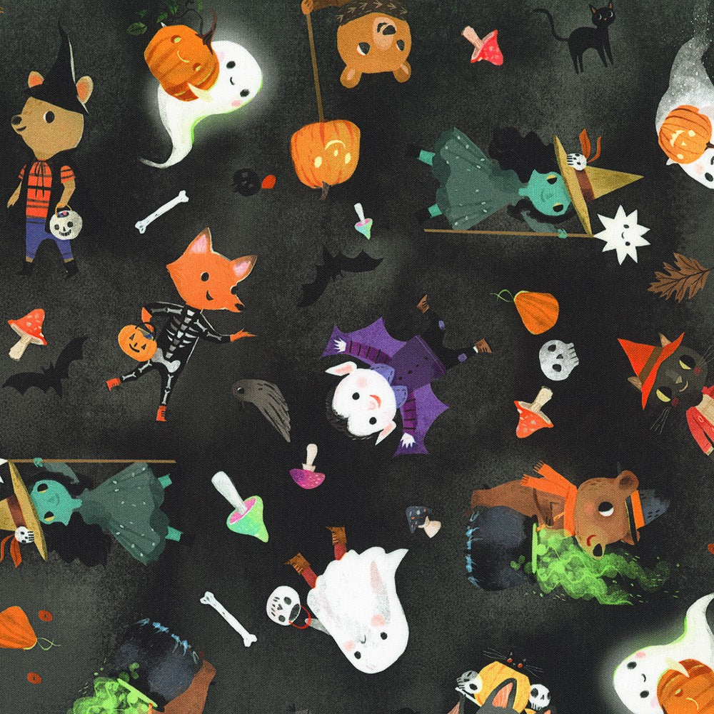 close up of ghoulish fabric showing different halloween costumes