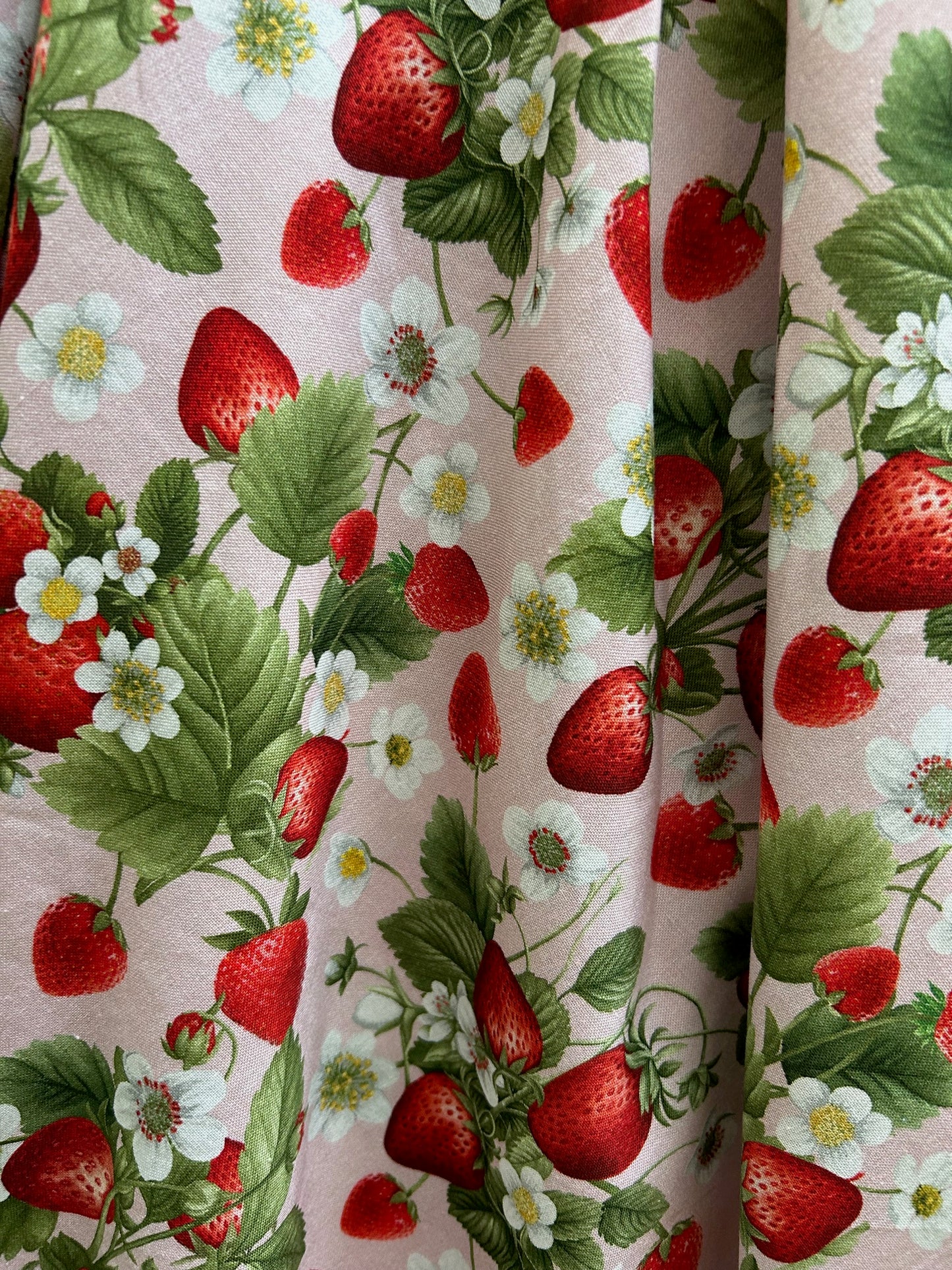 flatlay of elizabeth dress in strawberries close up of fabric