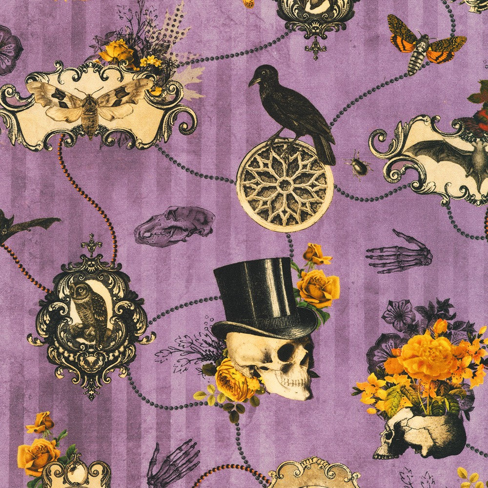 close up of purple skull vintage dress fabric 