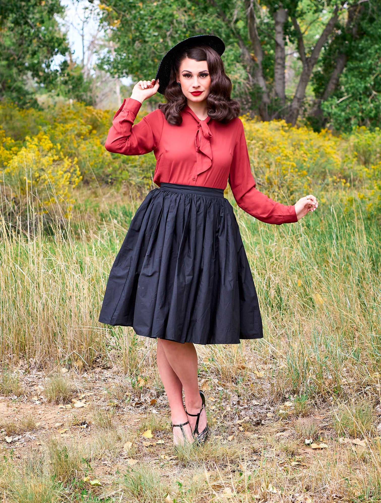 BUSY GAL 1960's repro Vintage Raven Brunette Long Ponytail on sale Red Skirt Jacket, Open Toe Pump Navy Blue, Black Glasses & Graphic Carry Case